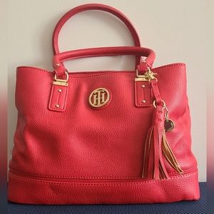 Tommy Hilfiger Red Canvas & Imitation Leather Logo Satchel Shoulder Bag.